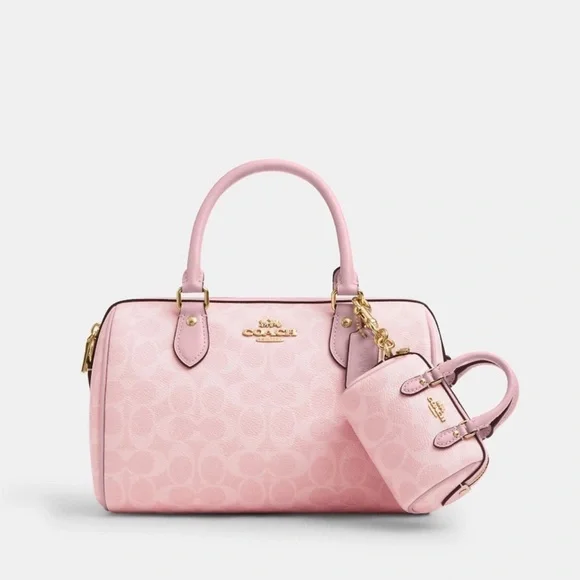 Coach Mini Rowan Bag Charm In Signature Canvas Powder Pink - Picture 2 of 3